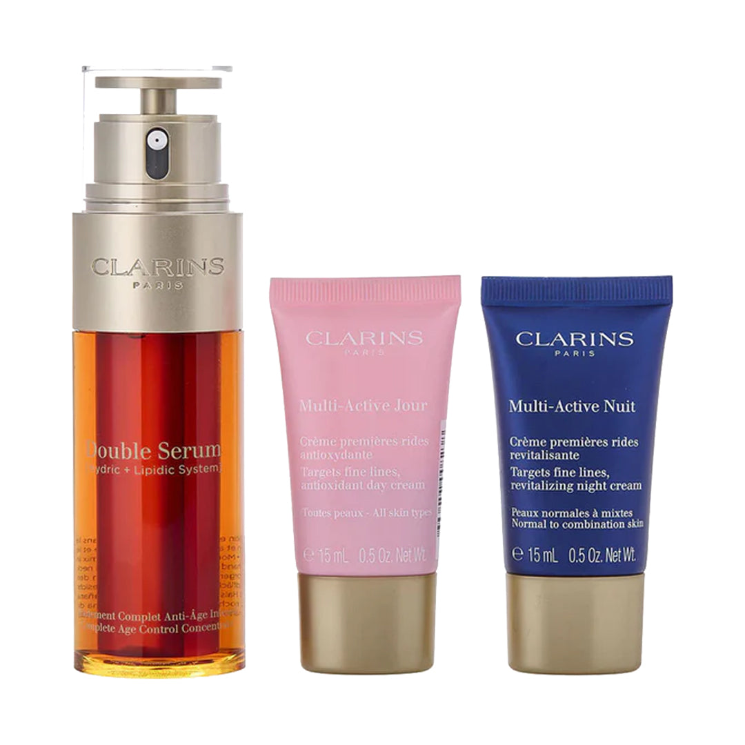 Clarins double serum 30ml + multi-active day cream + multi-active night cream